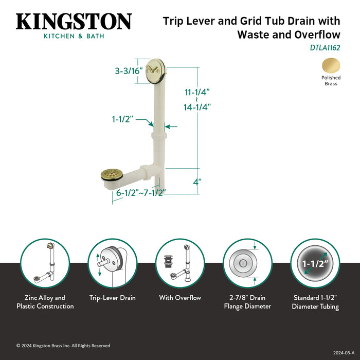 Kingston Made To Match DTLA1162 14-Inch Plastic Trip Lever Tub Waste and Overflow with Grid Strainer, Polished Brass