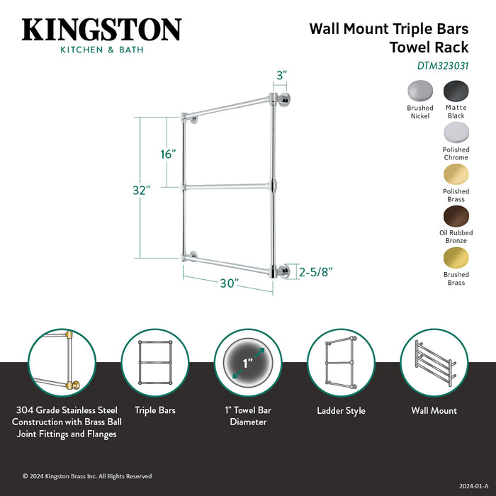 Kingston Sona DTM323038 - Gallant 30-Inch x 32-Inch Brass Wall Mount 3-Tier Towel Rack, Brushed Nickel