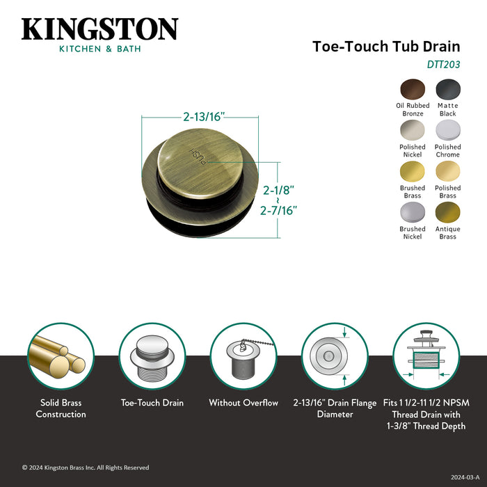 Kingston Tulare DTT206 - Made To Match Brass Toe Touch Tub Drain, Polished Nickel