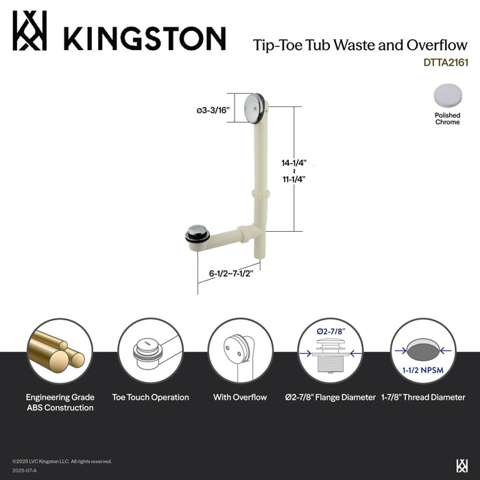 Kingston Made To Match DTTA2161 14-Inch Plastic Toe Touch Tub Waste and Overflow, Polished Chrome