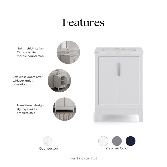 Kingston Elizabeth EL24CW01PW - 24 in. x 22 in. Bathroom Vanity Carrara White Marble Top, Pure White