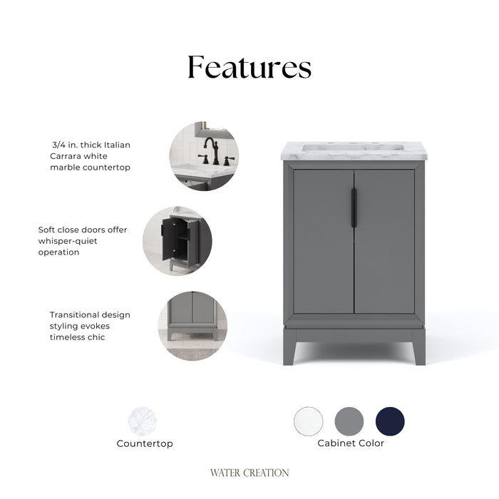 Kingston Elizabeth EL24CW03CG - 24 in. x 22 in. Bathroom Vanity Carrara White Marble Top, Cashmere Grey