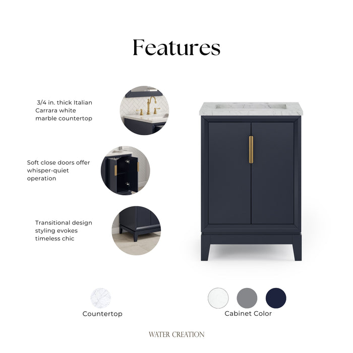 Kingston Elizabeth EL24CW06MB - 24 in. x 22 in. Bathroom Vanity Carrara White Marble Top, Monarch Blue