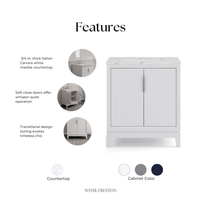Kingston Elizabeth EL30CW01PW - 30 in. x 22 in. Bathroom Vanity Carrara White Marble Top, Pure White