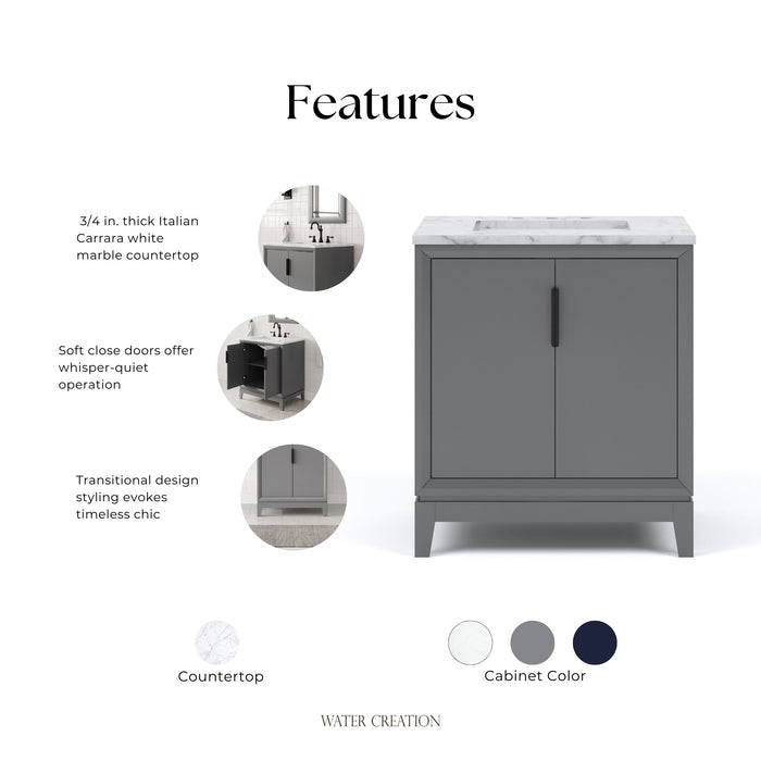 Kingston Elizabeth EL30CW03CG - 30 in. x 22 in. Bathroom Vanity Carrara White Marble Top, Cashmere Grey