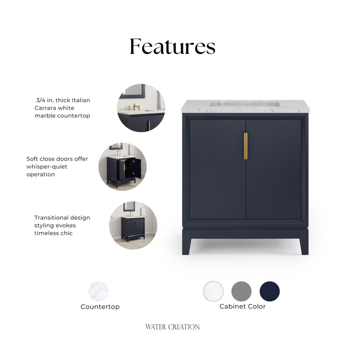 Kingston Elizabeth EL30CW06MB - 30 in. x 22 in. Bathroom Vanity Carrara White Marble Top and White Ceramic Basin, Monarch Blue