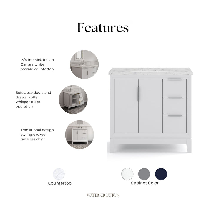 Kingston Elizabeth EL36CW01PW - 36 in. x 22 in. Bathroom Vanity Carrara White Marble Top, Pure White