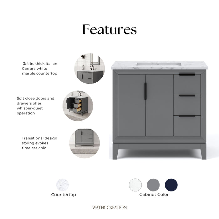 Kingston Elizabeth EL36CW03CG - 36 in. x 22 in. Bathroom Vanity Carrara White Marble Top, Cashmere Grey