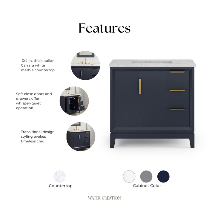 Kingston Elizabeth EL36CW06MB - 36 in. x 22 in. Bathroom Vanity Carrara White Marble Top and White Ceramic Basin, Monarch Blue