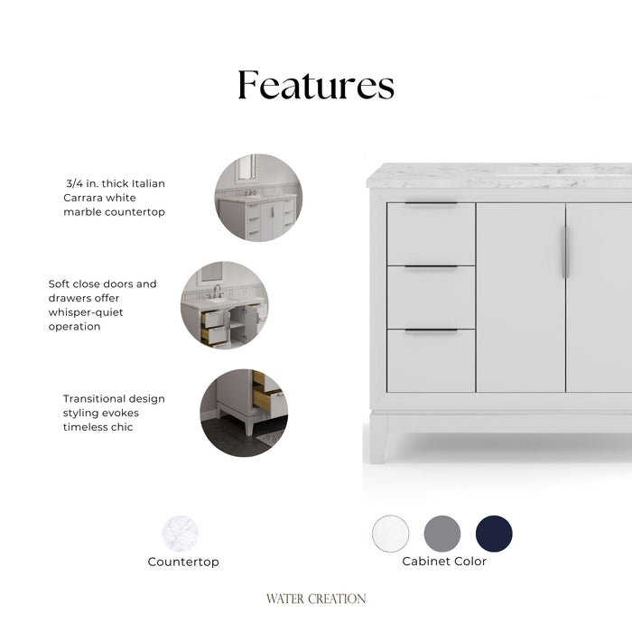 Kingston Elizabeth EL48CW01PW - 48 in. x 22 in. Bathroom Vanity Carrara White Marble Top, Pure White