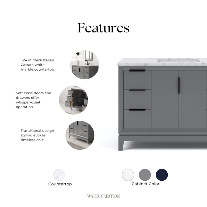 Kingston Elizabeth EL48CW03CG - 48 in. x 22 in. Bathroom Vanity Carrara White Marble Top, Cashmere Grey