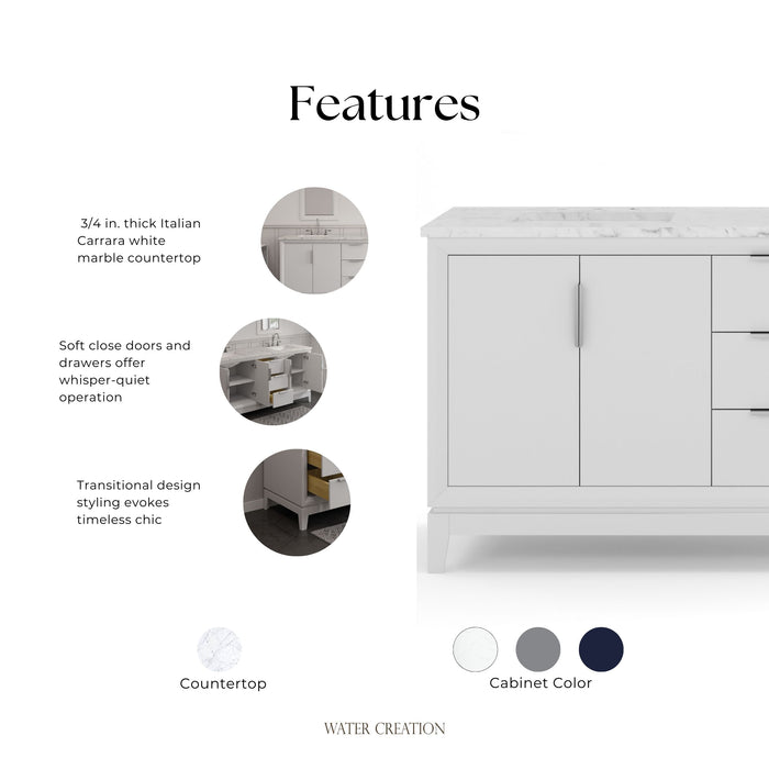 Kingston Elizabeth EL72CW01PW - 72 in. x 22 in. Bathroom Vanity Carrara White Marble Top and White Ceramic Basins, Pure White