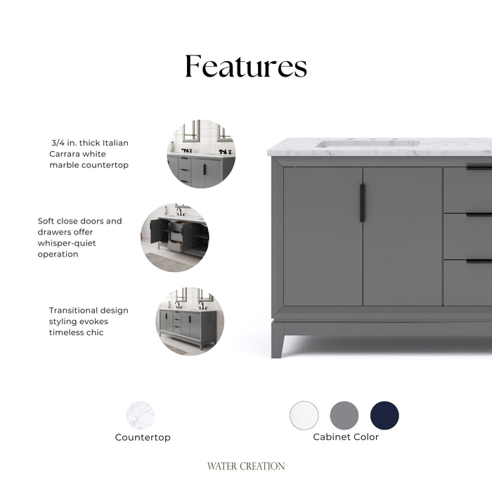 Kingston Elizabeth EL72CW03CG - 72 in. x 22 in. Bathroom Vanity Carrara White Marble Top and White Ceramic Basins, Cashmere Grey