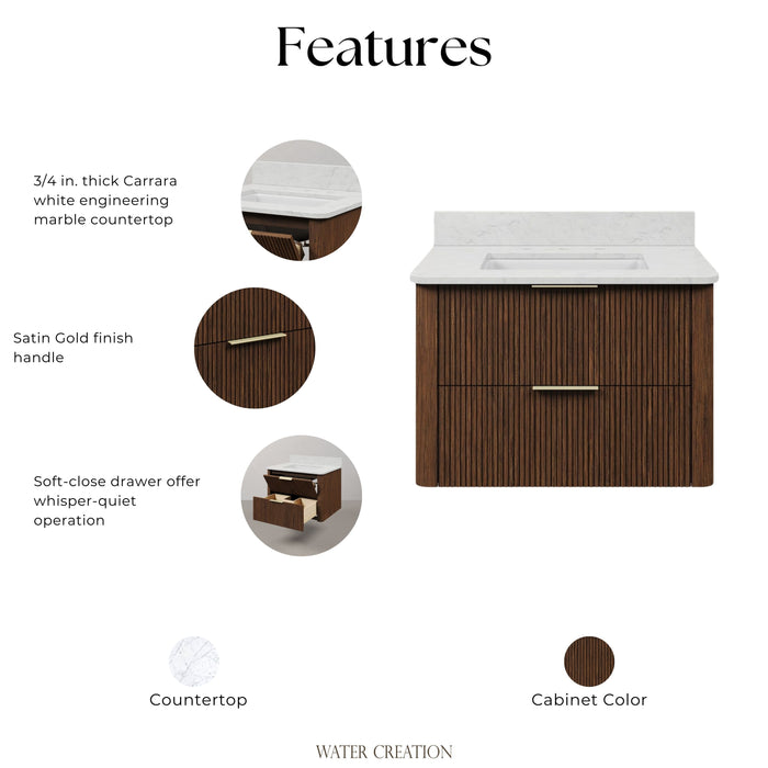 Kingston Eureka EU30EM00TO - 30 in. x 22 in. Bathroom Vanity Single Sink Freestanding with Carrara White Engineered Stone Top, Truffle Oak