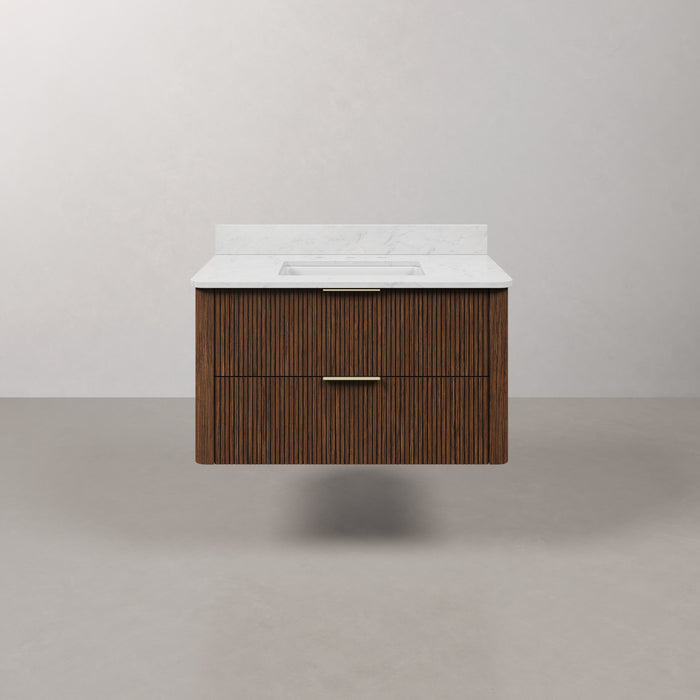 Kingston Eureka EU36EM00TO - 36 in. x 22 in. Bathroom Vanity Single Sink Freestanding with Carrara White Engineered Stone Top, Truffle Oak