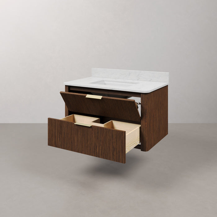 Kingston Eureka EU36EM00TO - 36 in. x 22 in. Bathroom Vanity Single Sink Freestanding with Carrara White Engineered Stone Top, Truffle Oak