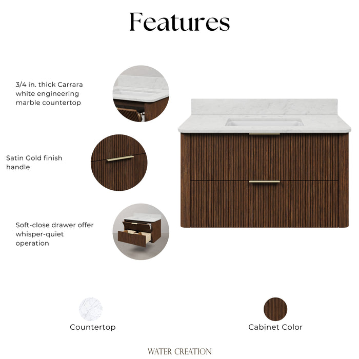 Kingston Eureka EU36EM00TO - 36 in. x 22 in. Bathroom Vanity Single Sink Freestanding with Carrara White Engineered Stone Top, Truffle Oak