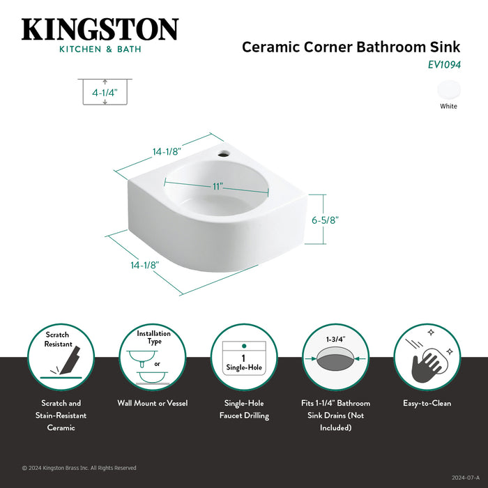 Manhattan EV1094 14-1/8 Inch Ceramic Corner Bathroom Sink (Single Hole), White