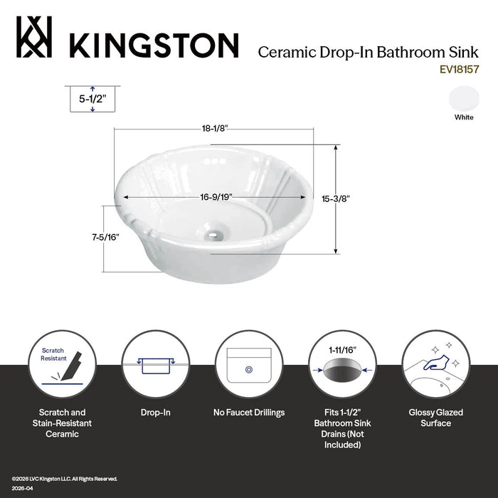 Kingston Heirloom EV18157 - Vintage 18-1/8 Inch Vitreous China Single Bowl Drop-In Bathroom Sink, White