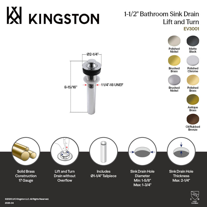 Kingston Heirloom EV3003 - Trimscape Brass Lift and Turn Bathroom Sink Drain without Overflow, 17 Gauge, Antique Brass
