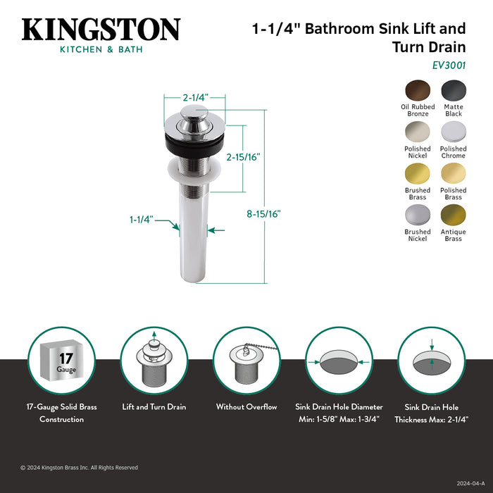 Kingston Heirloom EV3007 - Trimscape Brass Lift and Turn Bathroom Sink Drain without Overflow, 17 Gauge, Brushed Brass