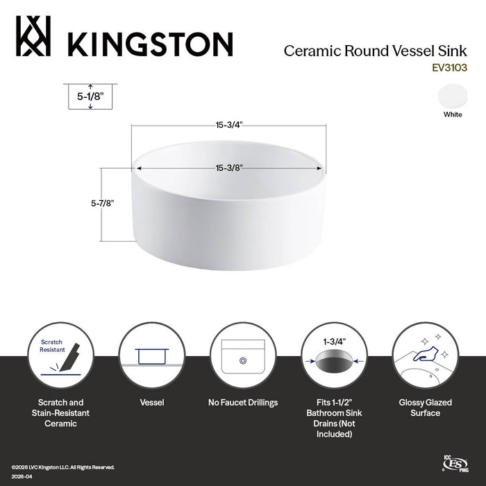 Kingston Sona EV3103 - Park 15-3/4 Inch Ceramic Round Vessel Sink, White