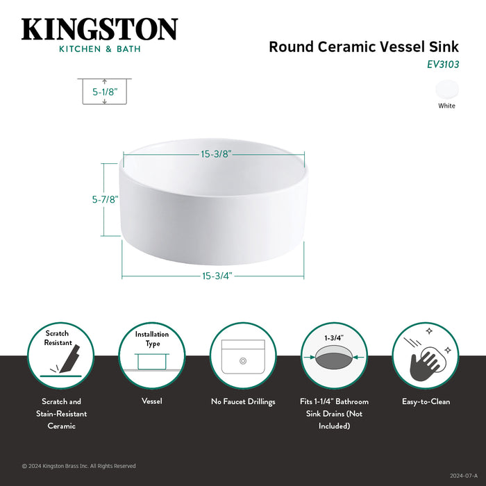 Park EV3103 15-3/4 Inch Ceramic Round Vessel Sink, White