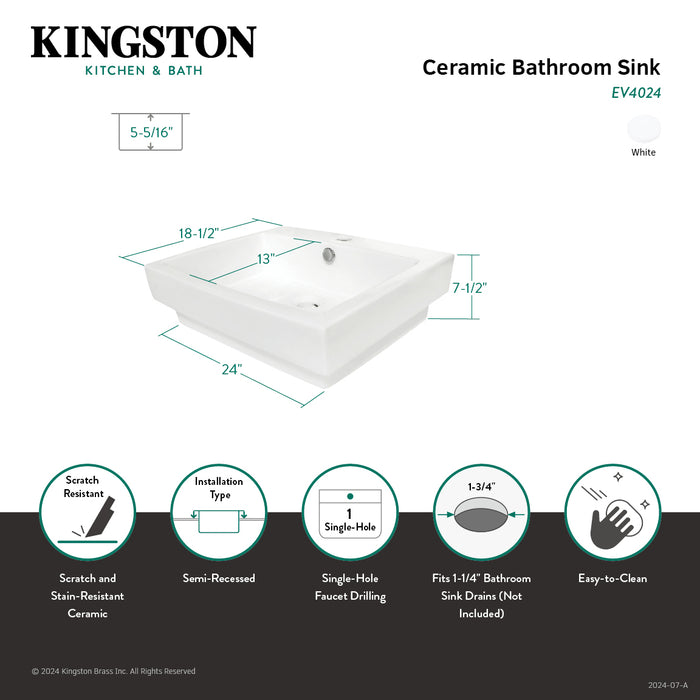 Kingston Sona EV4024 - Plaza 24-Inch Ceramic Rectangular Semi-Recessed Vessel Sink, White