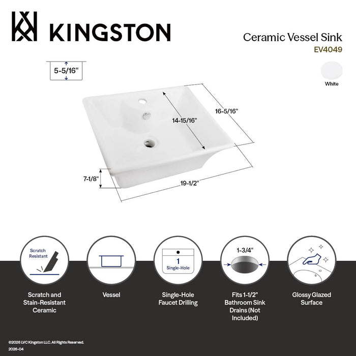 Kingston Sona EV4049 - Forte 19-1/2 Inch Ceramic Rectangular Vessel Sink, White