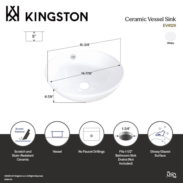 Kingston Sona EV4129 - Perfection 15-3/4 Inch Ceramic Round Vessel Sink, White