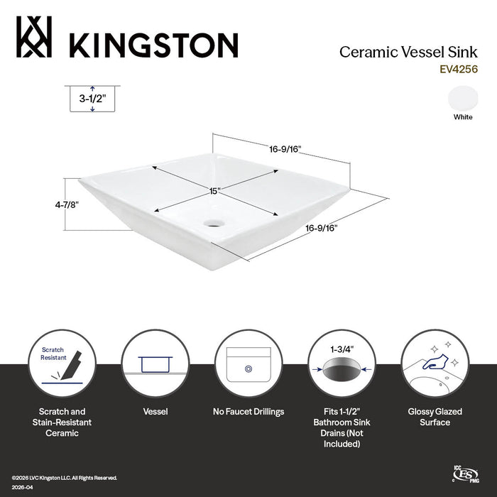 Kingston Sona EV4256 - Artisan 16-9/16 Inch Ceramic Square Vessel Sink, White