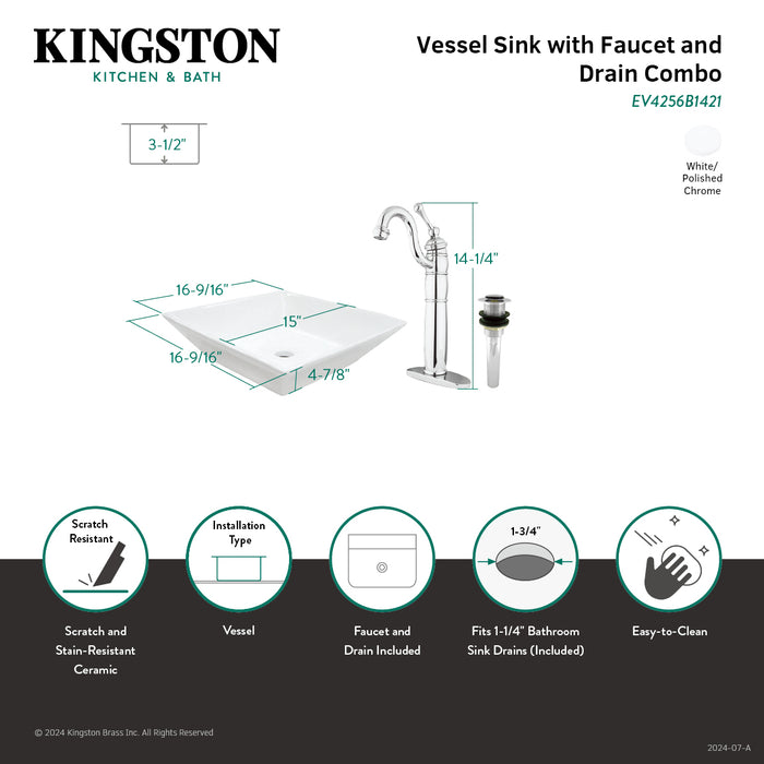 Kingston Perfection EV4256B1421 16-9/16 Inch Ceramic Square Vessel Sink with Heritage Sink Faucet and Drain Combo, White/Polished Chrome