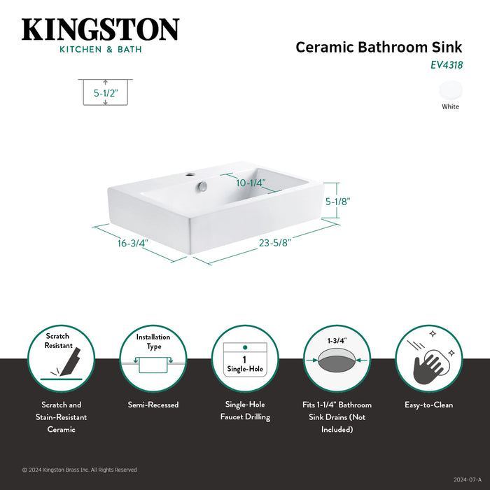 Kingston Sona EV4318 - Century 23-5/8 Inch Ceramic Rectangular Semi-Recessed Vessel Sink (Single-Hole), White