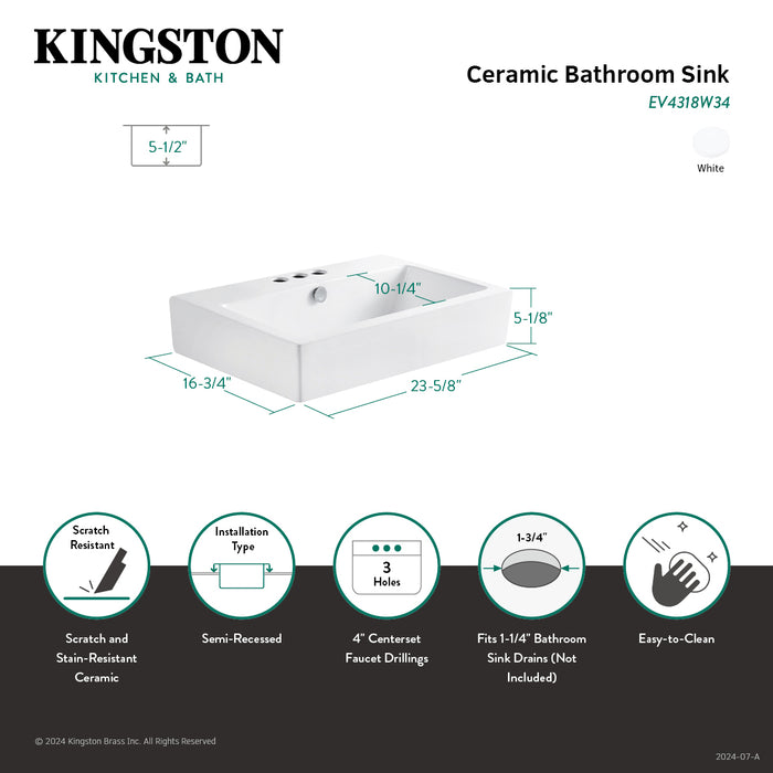 Kingston Sona EV4318W34 - Century 23-5/8 Inch Ceramic Rectangular Semi-Recessed Vessel Sink (4 Inch Centers), White