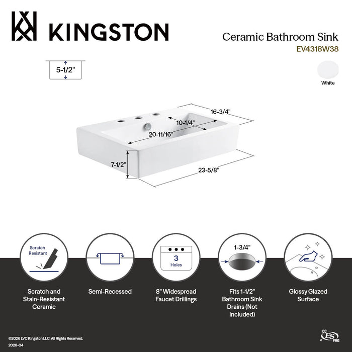 Kingston Sona EV4318W38 - Century 23-5/8 Inch Ceramic Rectangular Semi-Recessed Vessel Sink (8 Inch Centers), White