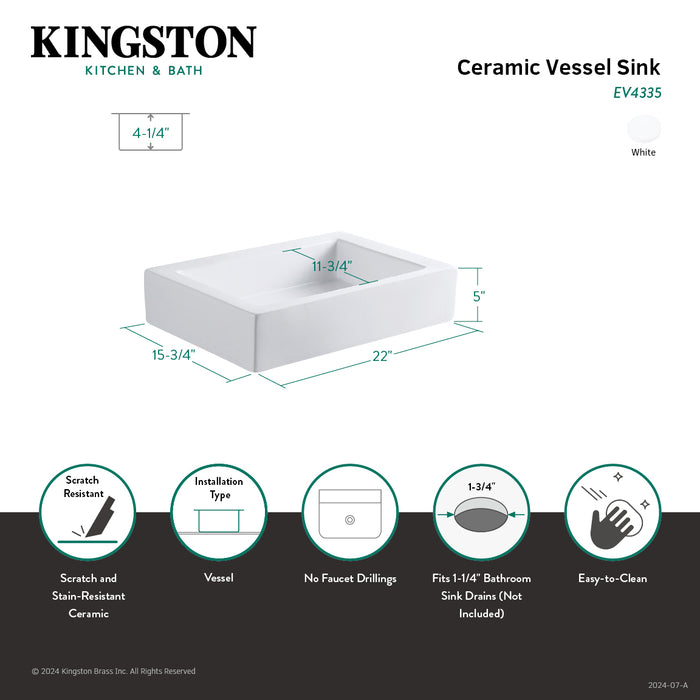Kingston Sona EV4335 - Pacifica 22-Inch Ceramic Rectangular Vessel Sink, White
