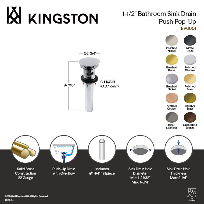 Kingston Sona EV6002 - Trimscape Brass Push Pop-Up Bathroom Sink Drain with Overflow, 22 Gauge, Polished Brass