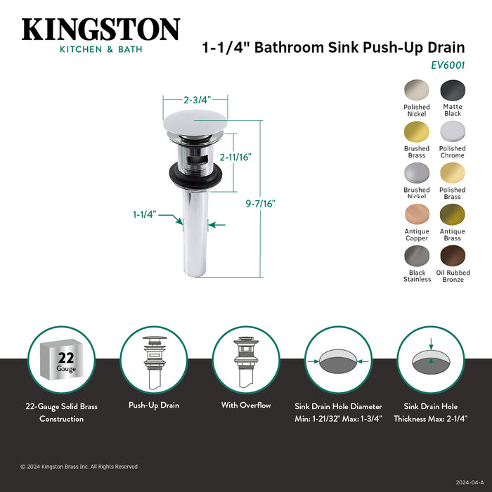 Trimscape EV6006 Brass Push Pop-Up Bathroom Sink Drain with Overflow, 22 Gauge, Polished Nickel
