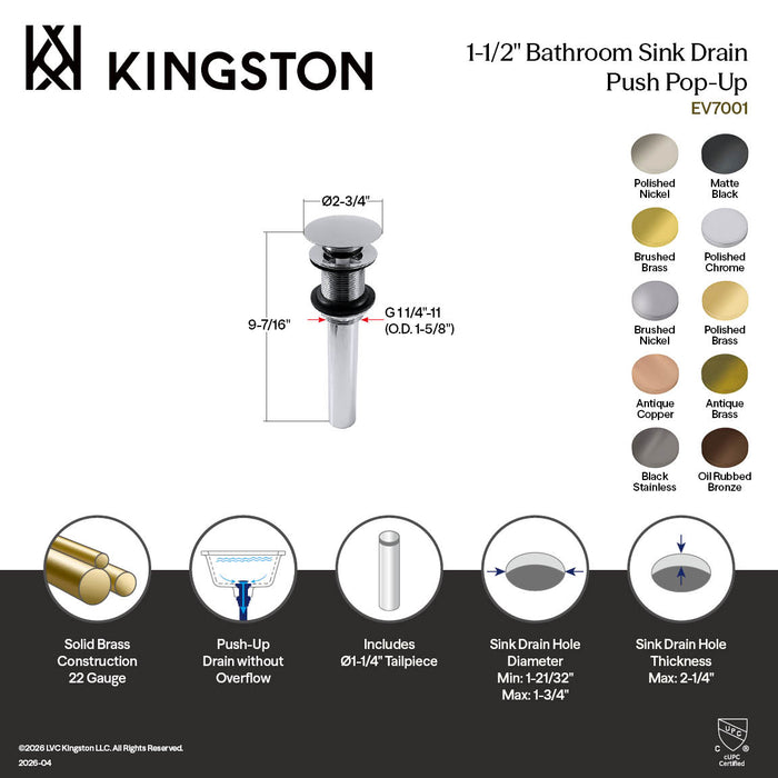 Kingston Sona EV7001 - Trimscape Brass Push Pop-Up Bathroom Sink Drain without Overflow, 22 Gauge, Polished Chrome