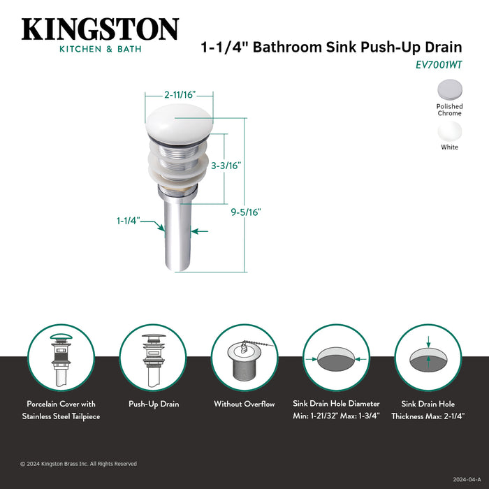Kingston Sona EV7001WT - Trimscape Brass Push Pop-Up Bathroom Sink Drain without Overflow, 22 Gauge with Porcelain Cover, Polished Chrome/White