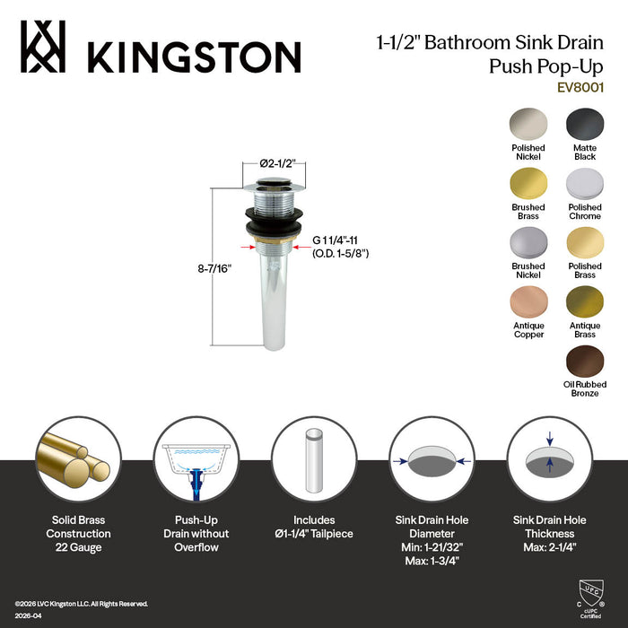 Kingston Trimscape EV8001 Brass Push Pop-Up Bathroom Sink Drain without Overflow, 22 Gauge, Polished Chrome