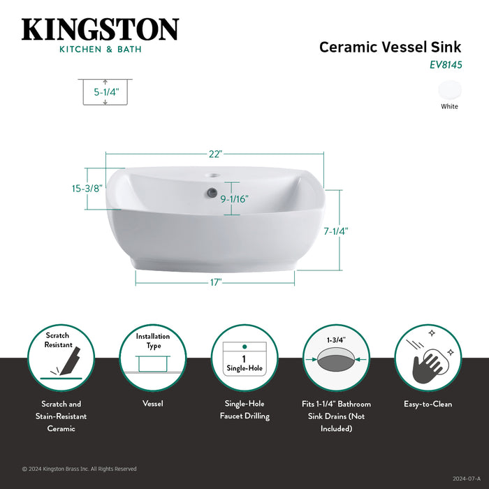 Kingston Marquis EV8145 22-Inch Ceramic Rectangular Vessel Sink, White