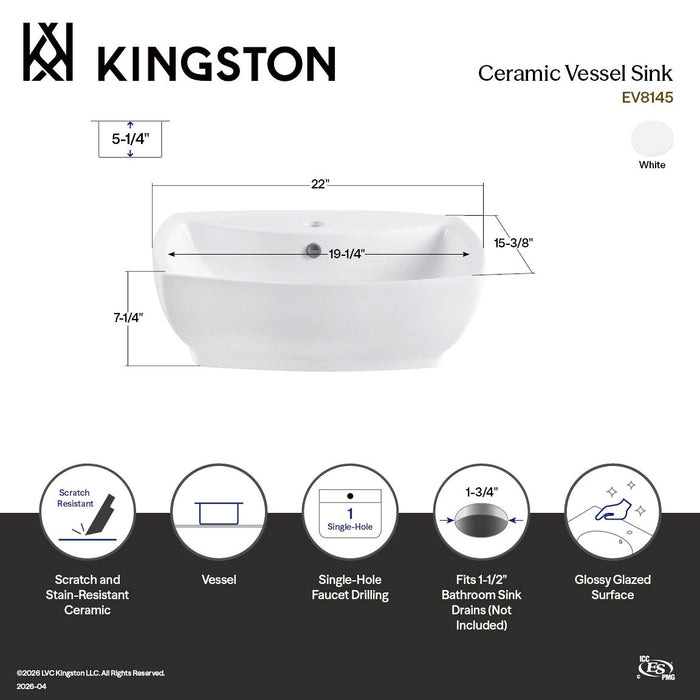 Kingston Marquis EV8145 22-Inch Ceramic Rectangular Vessel Sink, White