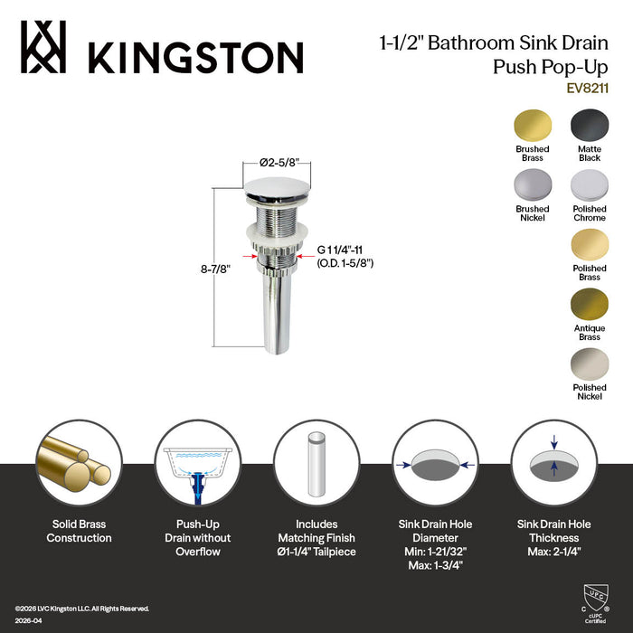 Kingston Sona EV8210MB - Coronel Brass Push Pop-Up Bathroom Sink Drain, Matte Black