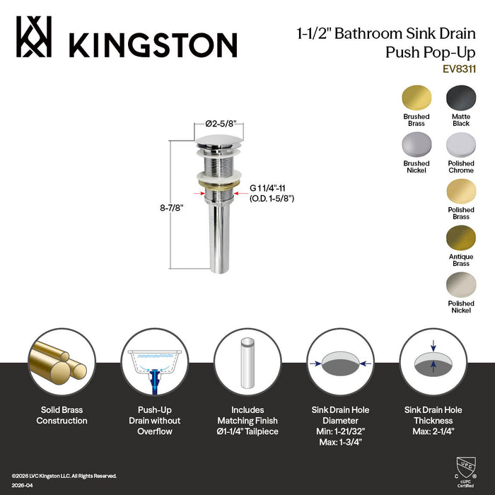Kingston Sona EV8310MB - Coronet Brass Push Pop-Up Bathroom Sink Drain, Matte Black