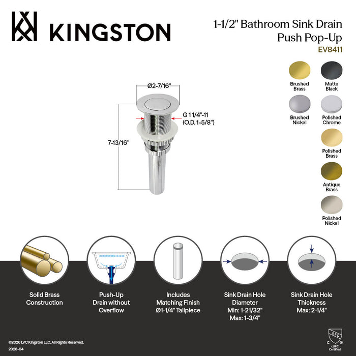 Kingston Coronet EV8410MB Brass Push Pop-Up Bathroom Sink Drain, Matte Black
