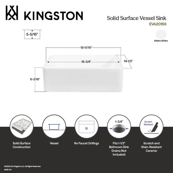 Kingston Sona EVA20156 - Arcticstone 19-11/16 Inch Solid Surface White Stone Rectangular Vessel Sink, Matte White