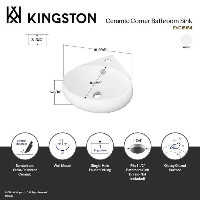 Kingston Sona EVC15154 - Minim 15-9/16 Inch Ceramic Corner Bathroom Sink (Single Hole), White