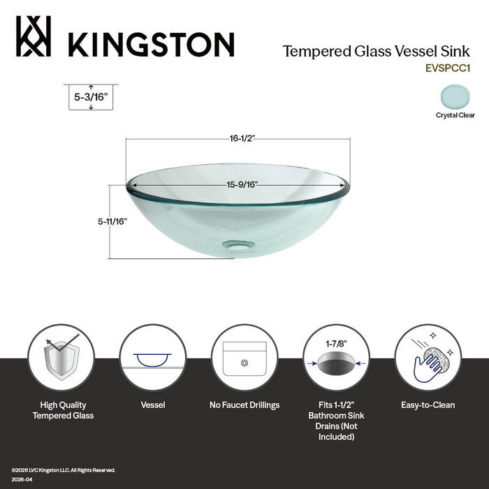 Kingston Templeton EVSPCC1 16-1/2 Inch Tempered Glass Round Vessel Sink, Crystal Clear