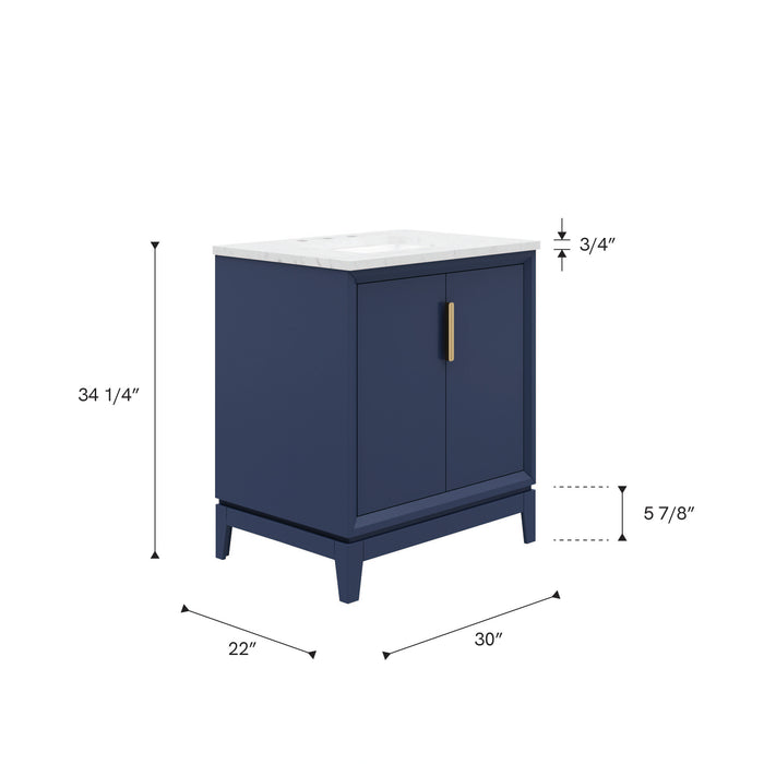 Kingston Elizabeth EL30CW06MB - 30 in. x 22 in. Bathroom Vanity Carrara White Marble Top and White Ceramic Basin, Monarch Blue
